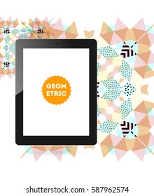 Tablet PC Icon with Memphis Geometric Background - Vector Illustration
