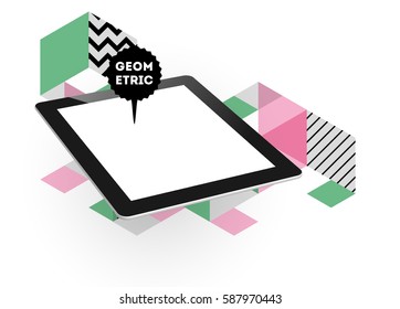 Tablet PC Icon with Memphis Geometric Background - Vector Illustration