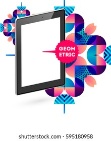 Tablet PC Icon with Memphis Geometric Background - Vector Illustration