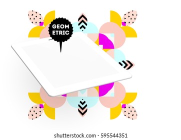Tablet PC Icon with Memphis Geometric Background - Vector Illustration