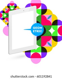 Tablet PC Icon with Memphis Geometric Background - Vector Illustration
