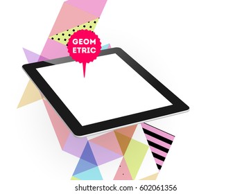 Tablet PC Icon with Memphis Geometric Background - Vector Illustration
