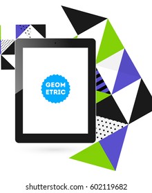 Tablet PC Icon with Memphis Geometric Background - Vector Illustration