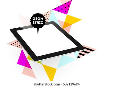 Icono de Tablet PC con fondo geométrico Memphis - Ilustración vectorial