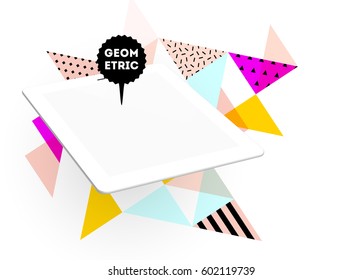 Icono de Tablet PC con fondo geométrico Memphis - Ilustración vectorial