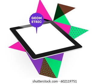 Tablet PC Icon with Memphis Geometric Background - Vector Illustration