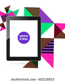 Icono de Tablet PC con fondo geométrico Memphis - Ilustración vectorial