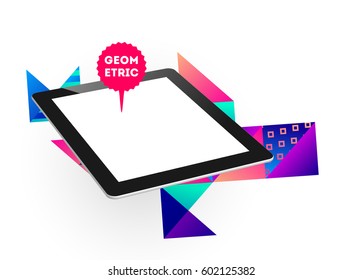 Tablet PC Icon with Memphis Geometric Background - Vector Illustration