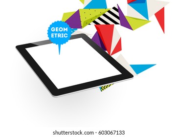 Tablet PC Icon with Memphis Geometric Background - Vector Illustration