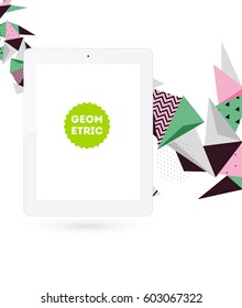 Icono de Tablet PC con fondo geométrico Memphis - Ilustración vectorial