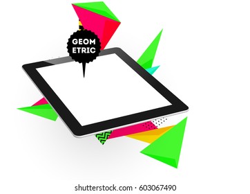 Tablet PC Icon with Memphis Geometric Background - Vector Illustration