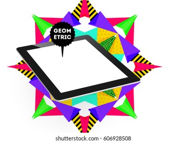 Icono de Tablet PC con fondo geométrico Memphis - Ilustración vectorial
