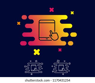 Tablet PC icon. Mobile Device with Hand cursor sign. Touchscreen gadget symbols. Gradient banner with line icon. Abstract shape. Vector