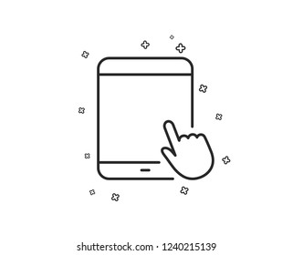 Tablet PC icon. Mobile Device with Hand cursor sign. Touchscreen gadget symbols. Geometric shapes. Random cross elements. Linear Tablet PC icon design. Vector