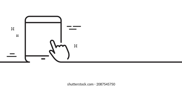 Tablet PC icon. Mobile Device with Hand cursor sign. Touchscreen gadget symbols. Minimal line illustration background. Tablet PC line icon pattern banner. White web template concept. Vector