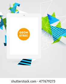 Icono de Tablet PC. Tecnologías móviles. Antecedentes abstractos. Patrón de triángulos geométricos para presentaciones empresariales, cubierta de aplicaciones y diseño de sitios web. Ilustración vectorial.