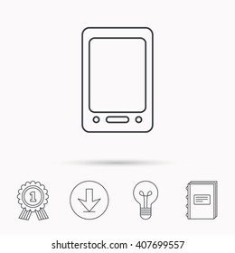 Tablet PC icon. Touchscreen pad sign. Download arrow, lamp, learn book and award medal icons.