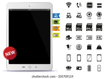 Tablet PC and Icons Set Vector Illustration