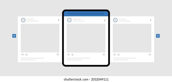 Tablet pc with interface carousel posts. Carousel post mockup template. Social network ads post.