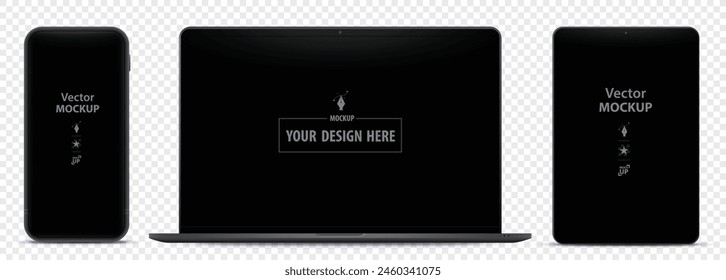 Tablet PC, Laptop computer and mobile phone with black screen. Blank digital devices vector mockup designs isolated on transparent background.