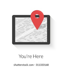 Tablet pc with mobile app for gps navigation and 3d tag. Illustration isolated on white background