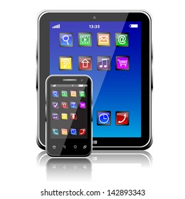 Tablet PC and mobile phone with blue touchscreen and colorful apps