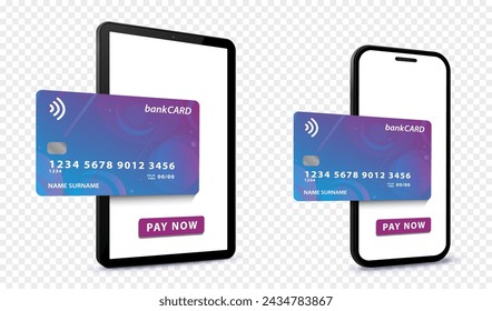 Tablet PC and Mobile Phone with Credit Card. Digital payment service for online shopping. Vector illustrations on transparent background.