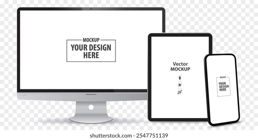 Maqueta de pantalla de monitor de computadora de escritorio, teléfono móvil y tableta. Ilustración vectorial de Plantilla de dispositivos digitales con fondo transparente.