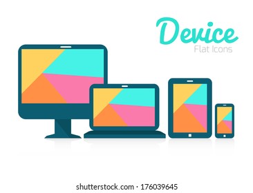 Tablet Pc, Mobile Phone And Digital Devices. Colorful Screen. Flat Icon. Vector