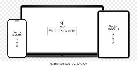 Tablet PC, Mobile Phone and Laptop Computer Mockup. Digital devices screen vector illustration  template on transparent background. Easy editable vector file.