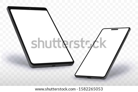 Tablet PC and Mobile Phone Vector Illustration Concept With Black Frame and White Screen. Easy Editable Perspective View and Transparent Background