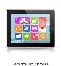 Tablet PC with modern icons on abstract background, isolated, vector illustration