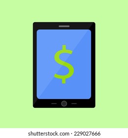 Tablet PC with money icon in flat style 