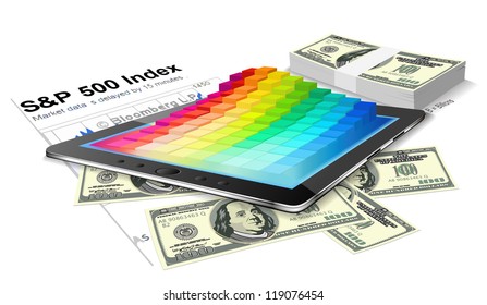 Tablet pc and money are on the white background.