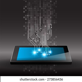 Tablet PC sobre el fondo digital del circuito negro. Antecedentes tecnológicos para Internet y negocios de sitios web gráficos de ordenador. infografía 