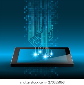Tablet pc on blue circuit digital background. Technology background for computer graphic website internet and business. infographics 