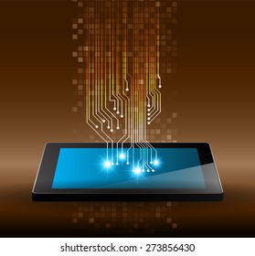 Tablet pc on brown circuit digital background. Technology background for computer graphic website internet and business. infographics 