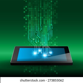 Tablet pc on green circuit digital background. Technology background for computer graphic website internet and business. infographics 
