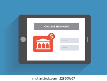 Tablet pc with online banking icon on the screen. Flat design concept. Eps 10 vector illustration