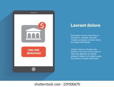 Tablet pc with online banking icon on the screen. Flat design concept. Eps 10 vector illustration