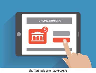 Tablet Pc With Online Banking Icon On The Screen. Flat Design Concept. Eps 10 Vector Illustration
