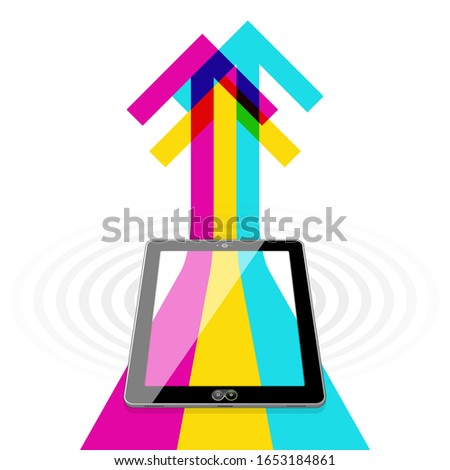 A Tablet PC overlaid with 3 overlapping arrows representing a strong data stream wirelessly uploading to the Internet.