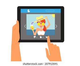 Tablet pc with the page in social networks with cartoon picture of red hair girl vector character. Human finger taps button like on the tablet to estimate cartoon picture of girl in social media. 