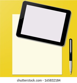 Tablet PC with paper sheet and pen Office desktop Computer Technology concept in vector