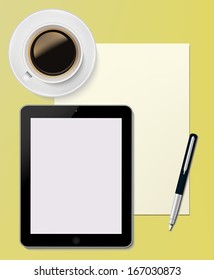 Tablet PC with paper sheet and pen Office desktop Computer Technology concept  and  cup of coffee on the desk in vector