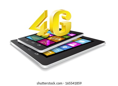 Tablet pc, phone and 4G on white background.