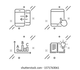 Tablet pc, Phone communication and Survey results line icons set. Product knowledge sign. Touchscreen gadget, Incoming and outgoing calls, Best answer. Education process. Education set. Vector