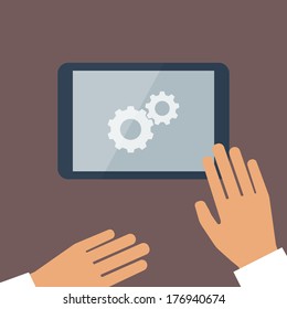 Tablet pc in process and human hands. Vector illustration