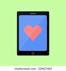Tablet PC with red heart in flat style 