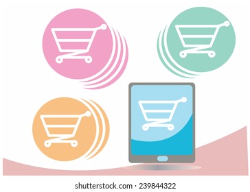 Tablet PC with shopping cart in flat style